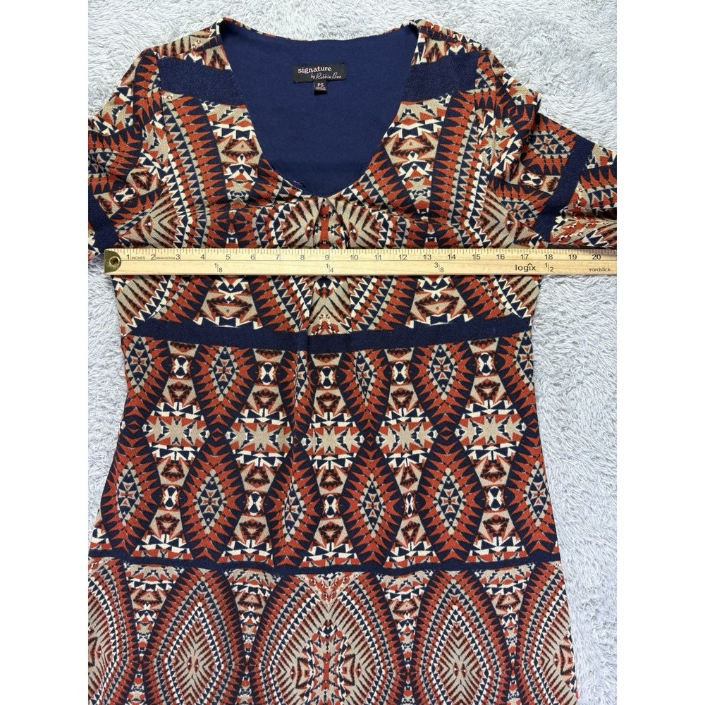 Signature Robbie Bee Petite Small Mini Dress 70's 80's Puff Sleeve Aztec Brown - Picture 6 of 10